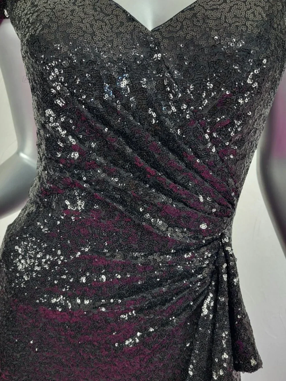 NWT~$595~TADASHI SHOJI~M~BLACK SEQUIN SLIT RUFFLE RUCHED PROM EVENING MAXI DRESS